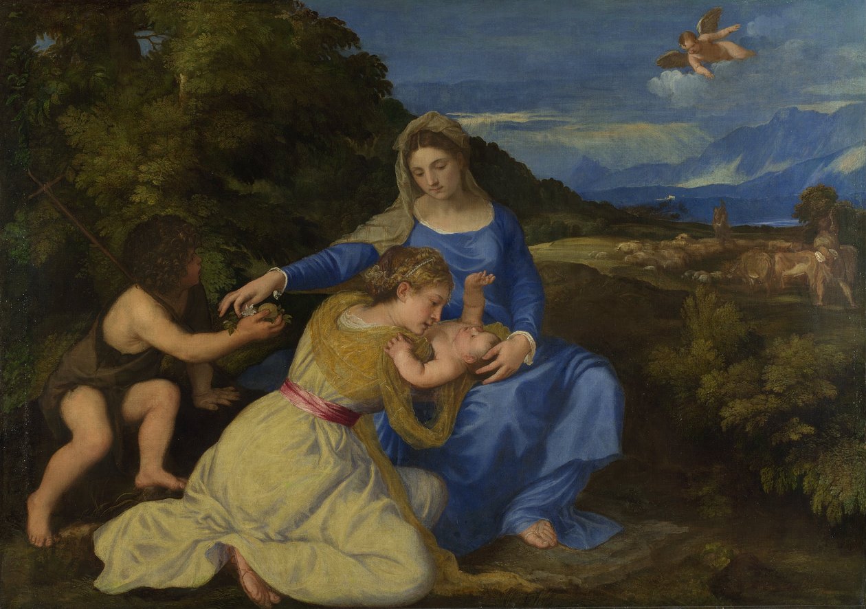 Jungfrun och barnet med spädbarnet Saint John och en kvinnlig helgon eller donator ("The Aldobrandini Madonna") av Tiziano Vecelli
