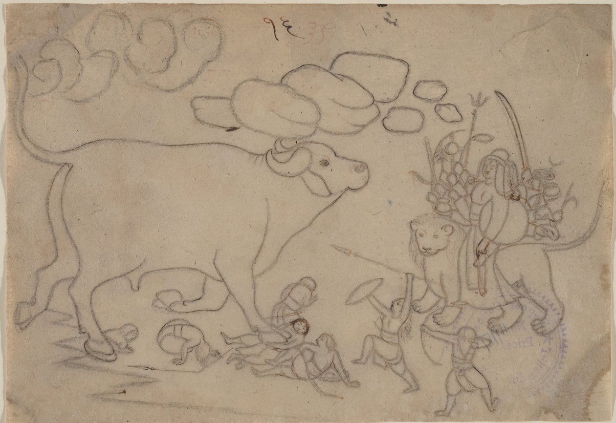 Durga konfronterar Buffalo Demon Mahisha: Scen från Devi Mahatmya, ca. 1780. av a first generation master after Nainsukh