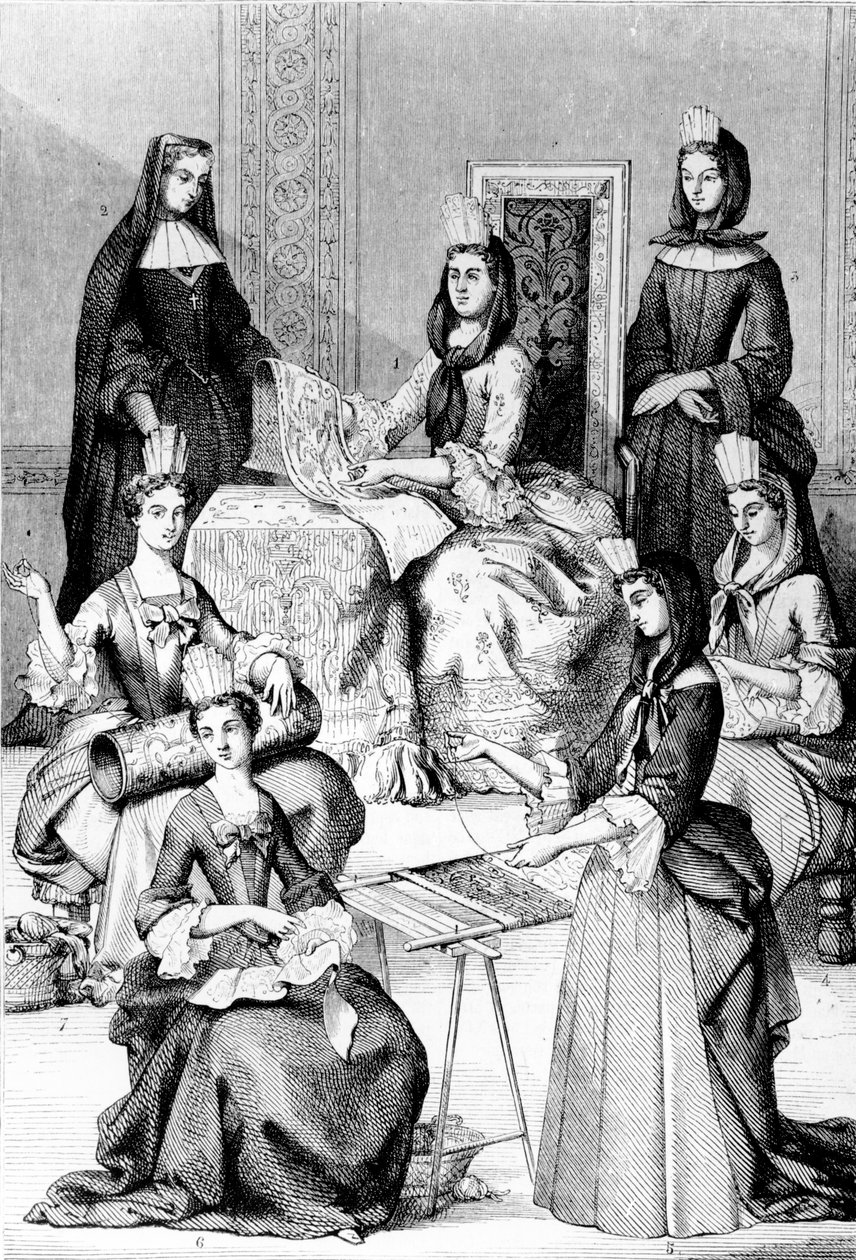 Madame de Saint-Cyr, en nunna, en novis och unga flickor i de fyra klasserna av after Chevignard