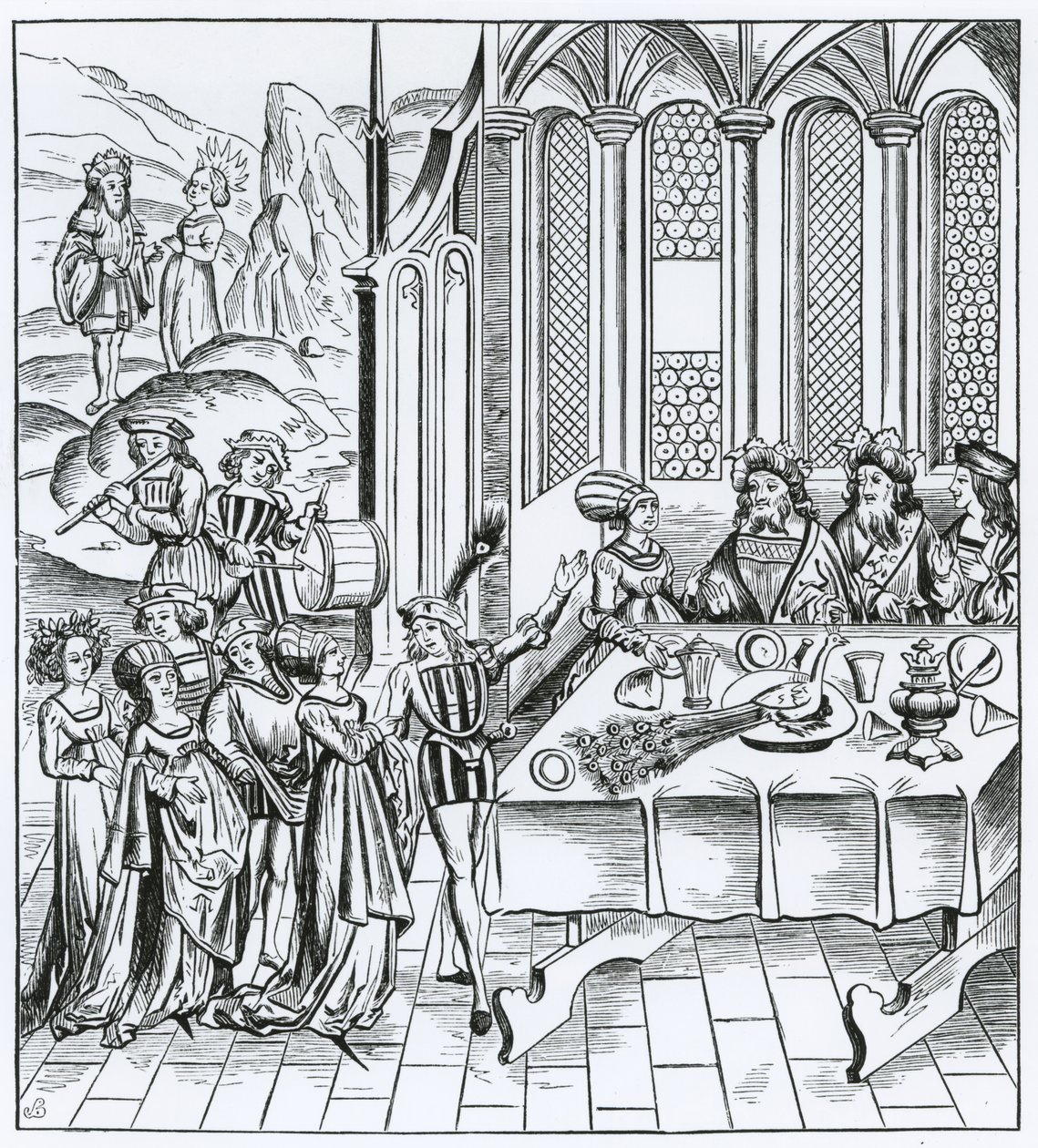 Statsbankett - servering av påfågeln, efter ett träsnitt i en upplaga av Virgil, publicerad Lyon, 1517 av French School