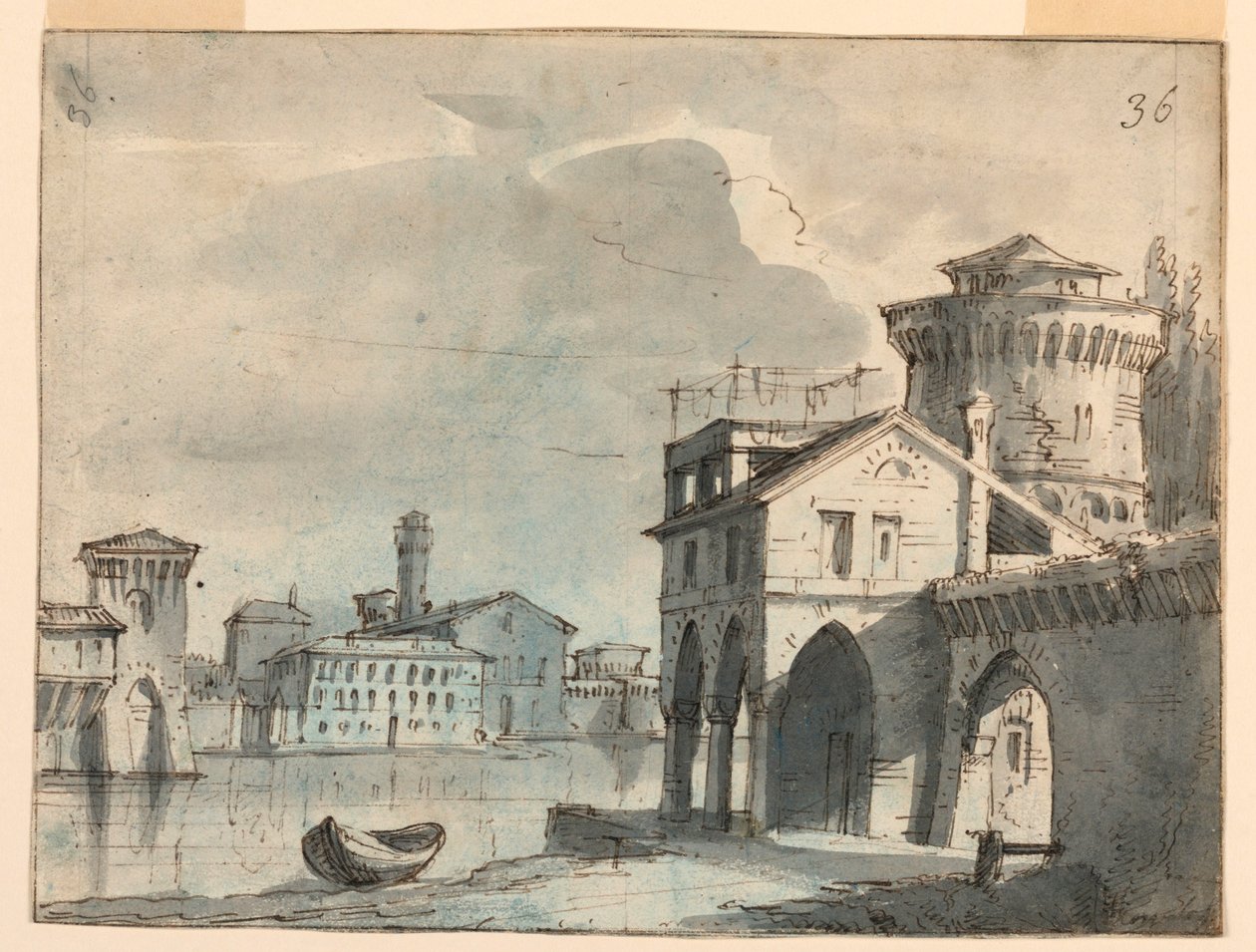 Scendesign, byggnader vid floden av after Alessandro Sanquirico