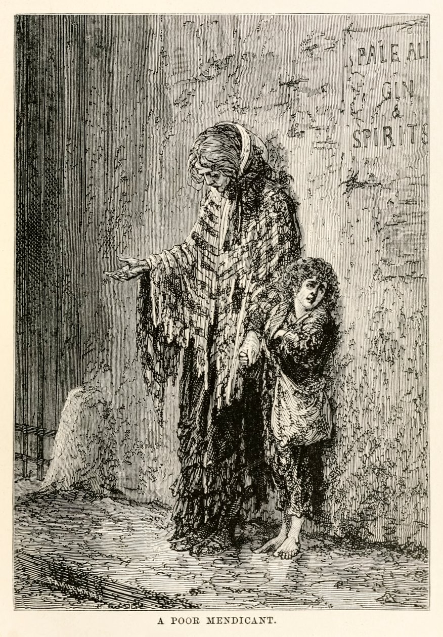 En fattig mendicant, från Around the World in Eighty Days av Jules Verne (1828-1905), graverad av Louis Dumont (f.1822) 1873 av after Alphonse Marie de Neuville