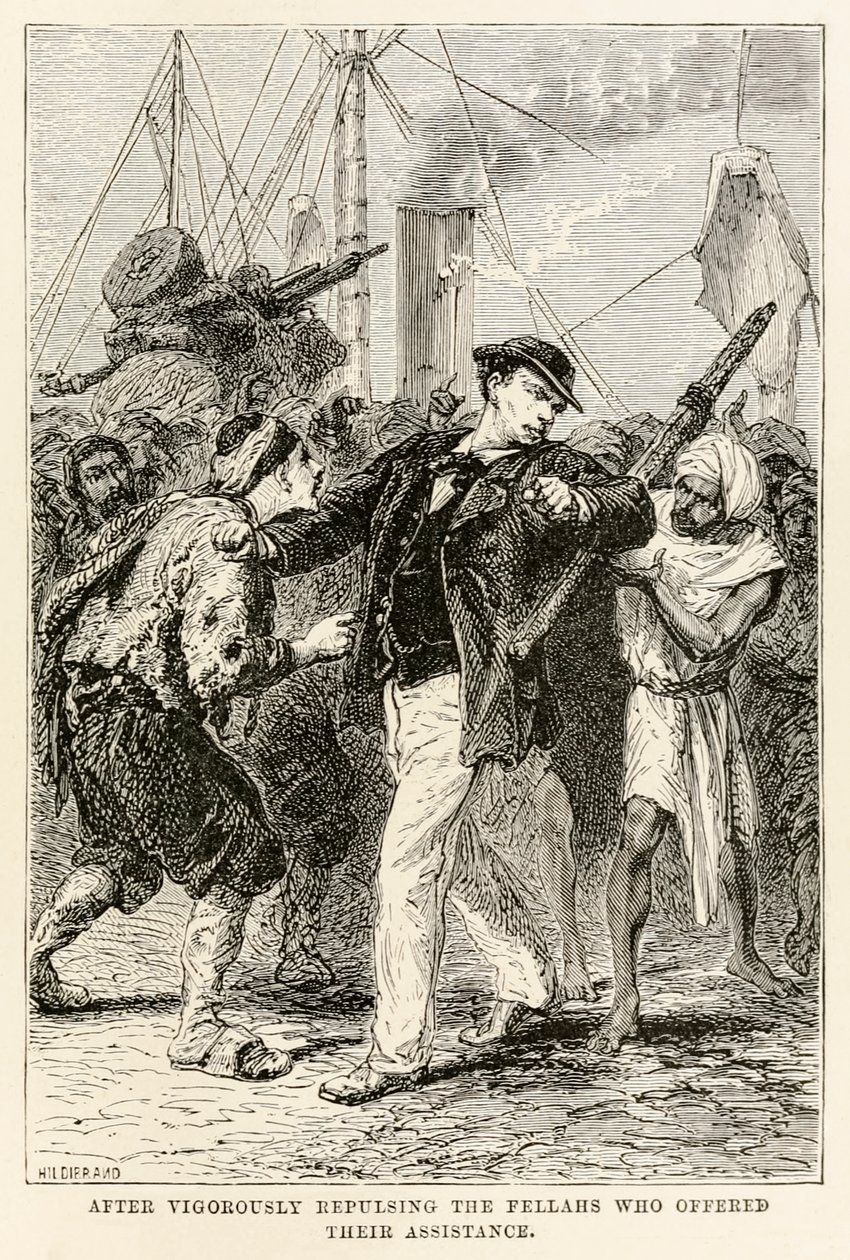 Efter att kraftfullt stött bort de killar som erbjöd sin hjälp, från Jorden runt på åttio dagar av Jules Verne (1828-1905), graverad av Henri-Théophile Hildebrand (1824-1897) 1873 (gravyr av after Alphonse Marie de Neuville