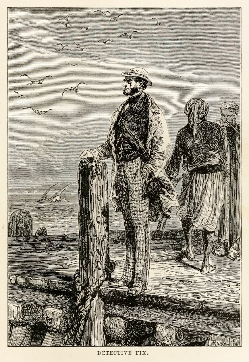 Detektiv Fix, från världen runt på åttio dagar av Jules Verne (1828-1905), graverad av Louis Dumont (f.1822), 1873 av after Alphonse Marie de Neuville