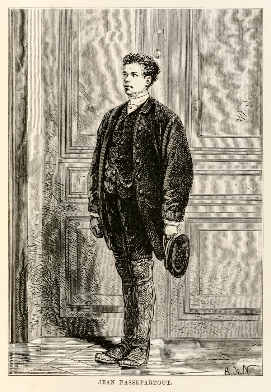 Jean Passepartout, från Jorden runt på åttio dagar av Jules Verne (1828-1905), graverad av Louis Dumont (f.1822) 1873 av after Alphonse Marie de Neuville