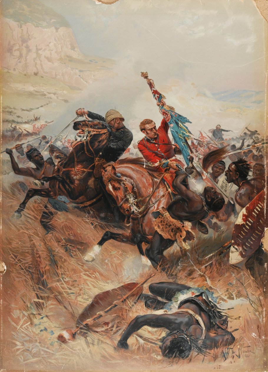 Löjtnanter Melville och Coghill Saving the Colours, Zulukriget 1879, 1881 (chromolitho) av after Alphonse Marie de Neuville