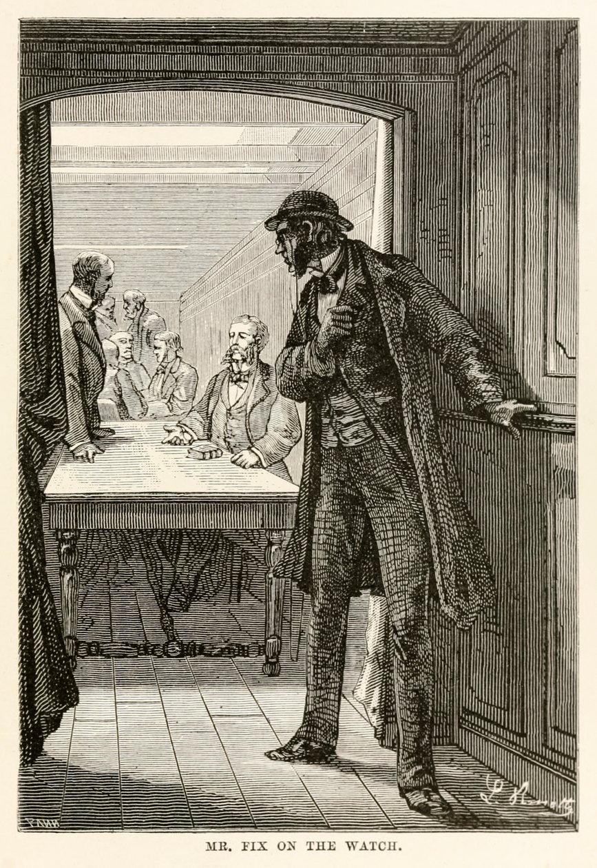 Herr Fix på klockan, från Around the World in Eighty Days av Jules Verne (1828-1905), graverad av Louis Dumont (f.1822), 1873 av after Alphonse Marie de Neuville