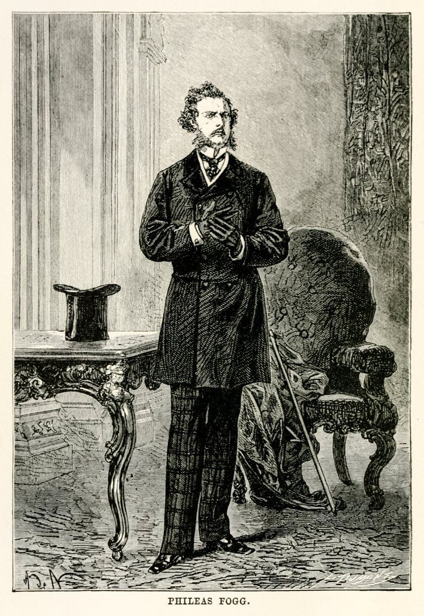 Phileas Fogg, från Around the World in Eighty Days av Jules Verne (1828-1905), graverad av Louis Dumont (f.1822) 1873 av after Alphonse Marie de Neuville