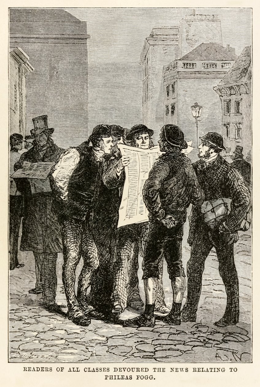 Läsare av alla klasser slukade nyheterna om Phileas Fogg, från Around the World in Eighty Days av Jules Verne (1828-1905), graverad av Louis Dumont (f.1822) 1873 av after Alphonse Marie de Neuville