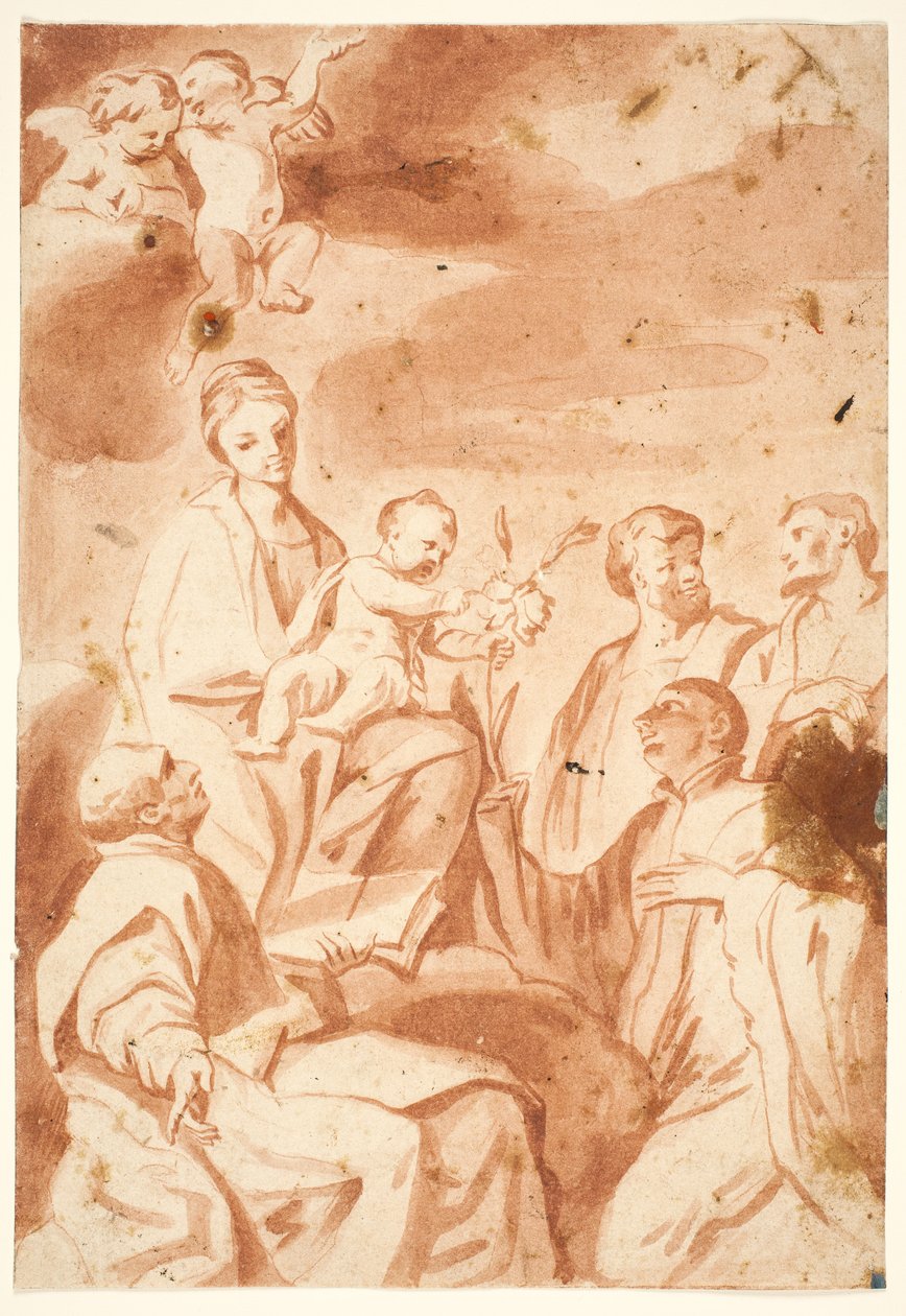 Madonnan och barnet tronade med den helige Ignatius av Loyola, Francis Xavier, Cosmas och Damian av after Andrea Sacchi