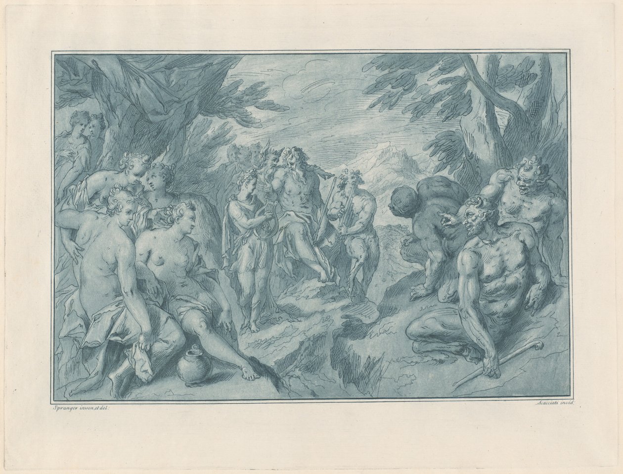 Den musikaliska tävlingen mellan Apollo och Pan av after Bartholomaeus Spranger Andrea Scacciati