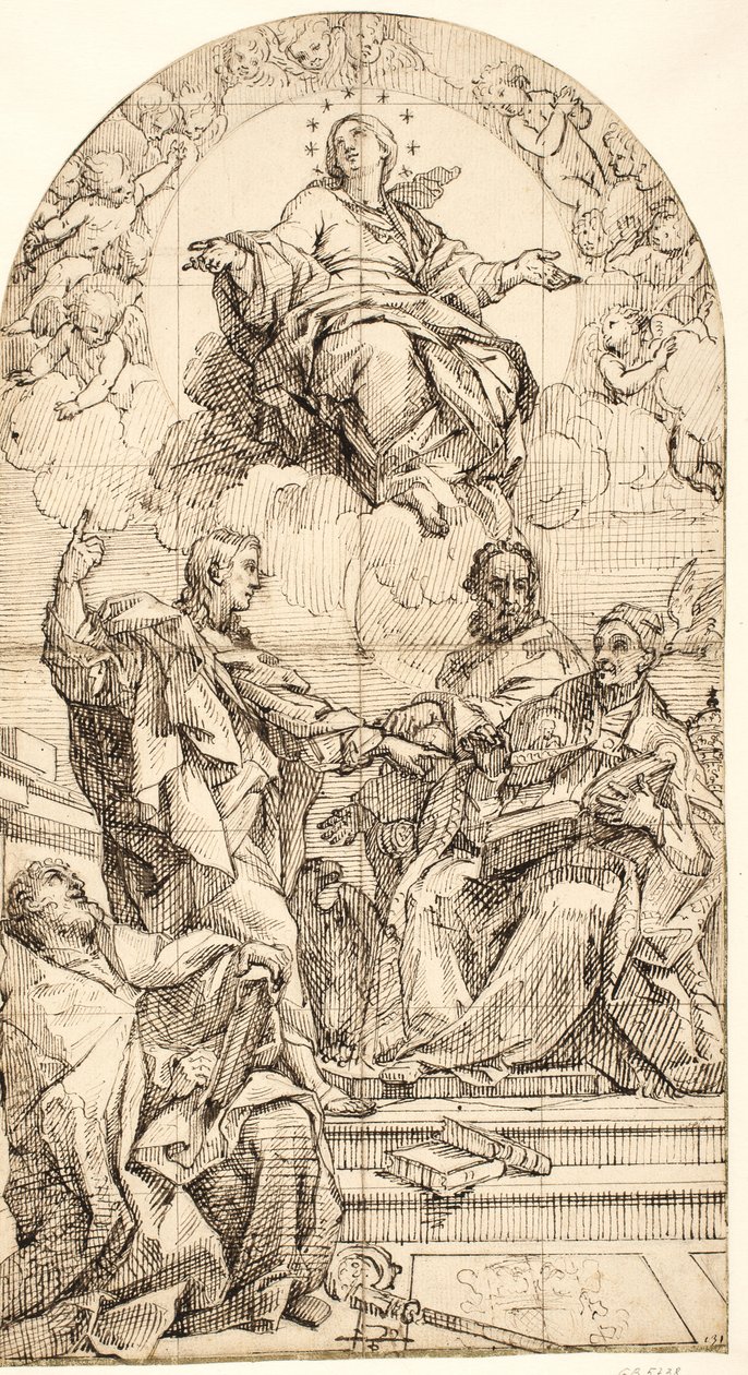 Den obefläckade avlelsen med Johannes evangelisten, Gregorius den store, Johannes Krysostomos och Augustinus av after Carlo Maratti