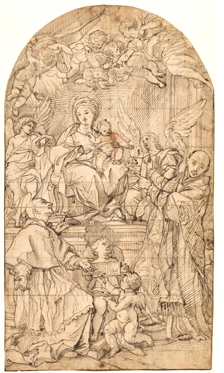 Madonnan och barnet på tronen, flankerad av änglar och de heliga Charles Borromeo och Ignatius av Loyola av after Carlo Maratti