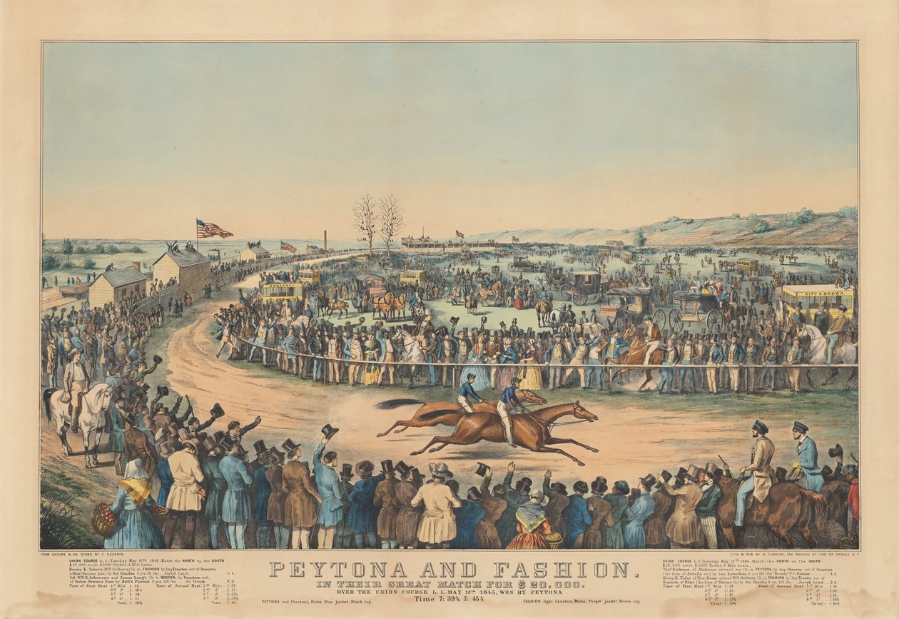 Peytona och mode: In Their Great Match för $20 000. Under Facklig kurs L.I. 13 maj. 1845, Vann av Peytona. Tid 7:39 3/4, 7:45 1/4 av after Charles Severin