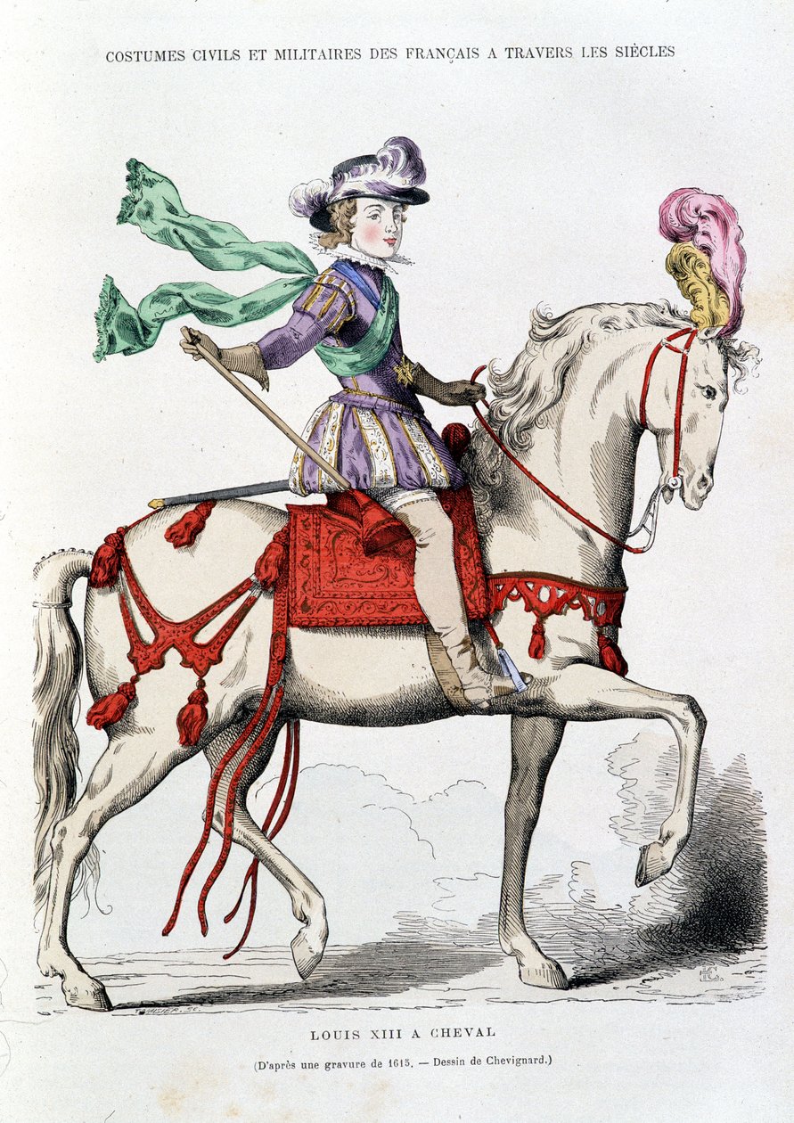 Ludvig XIII till häst från en gravyr från 1615 - Teckning av Chevignard. av after Chevignard