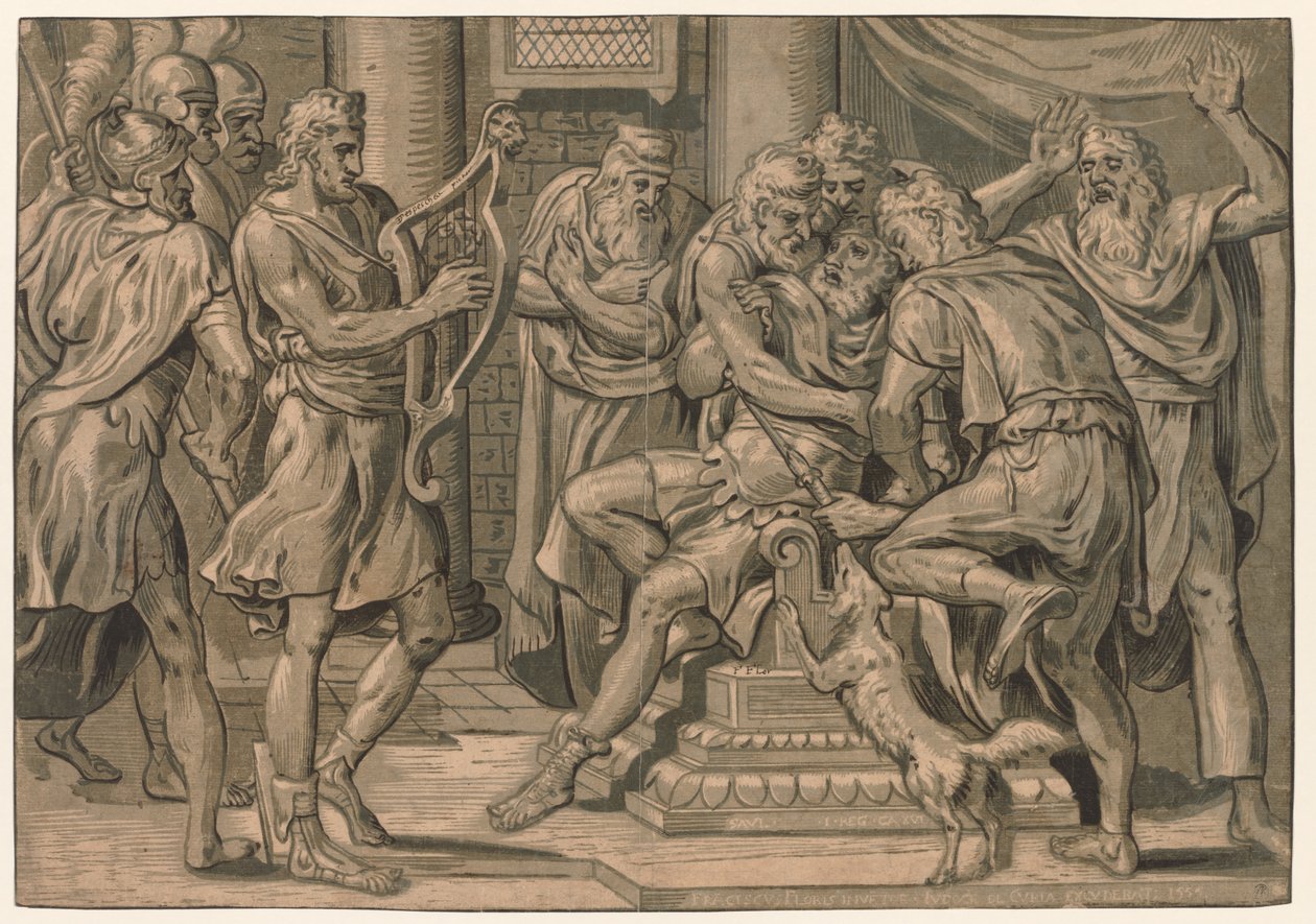 David spelar harpan före Saul av after Frans Floris