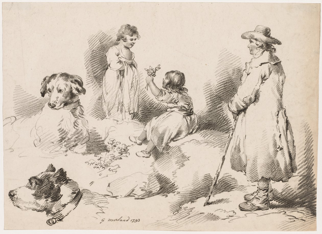 Studier av barn (två små flickor); Två hundar; En man av after George Morland