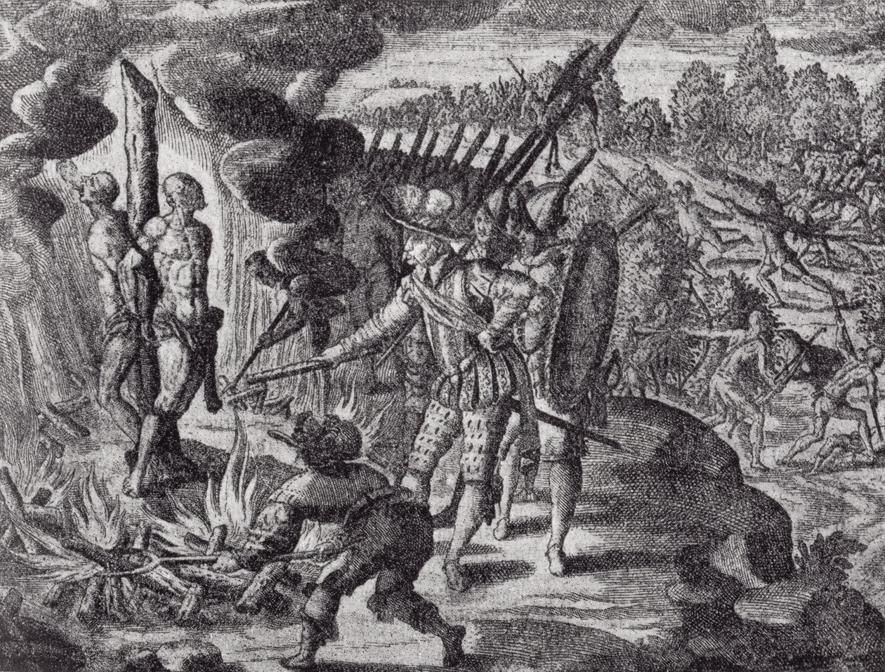 Spanjorernas hämnd för Ayolas död, från Gottfrieds Historia Antipodum, pub. år 1655, från The Romance of the River Plate, Vol. I, av W. H. Koebel, 1914 av after German School
