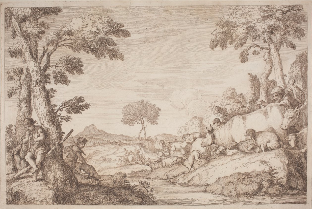 En pastoral resa med en pojke som spelar sin flöjt vid ett träd av after Giovanni Benedetto Castiglione Gaetano Zompini