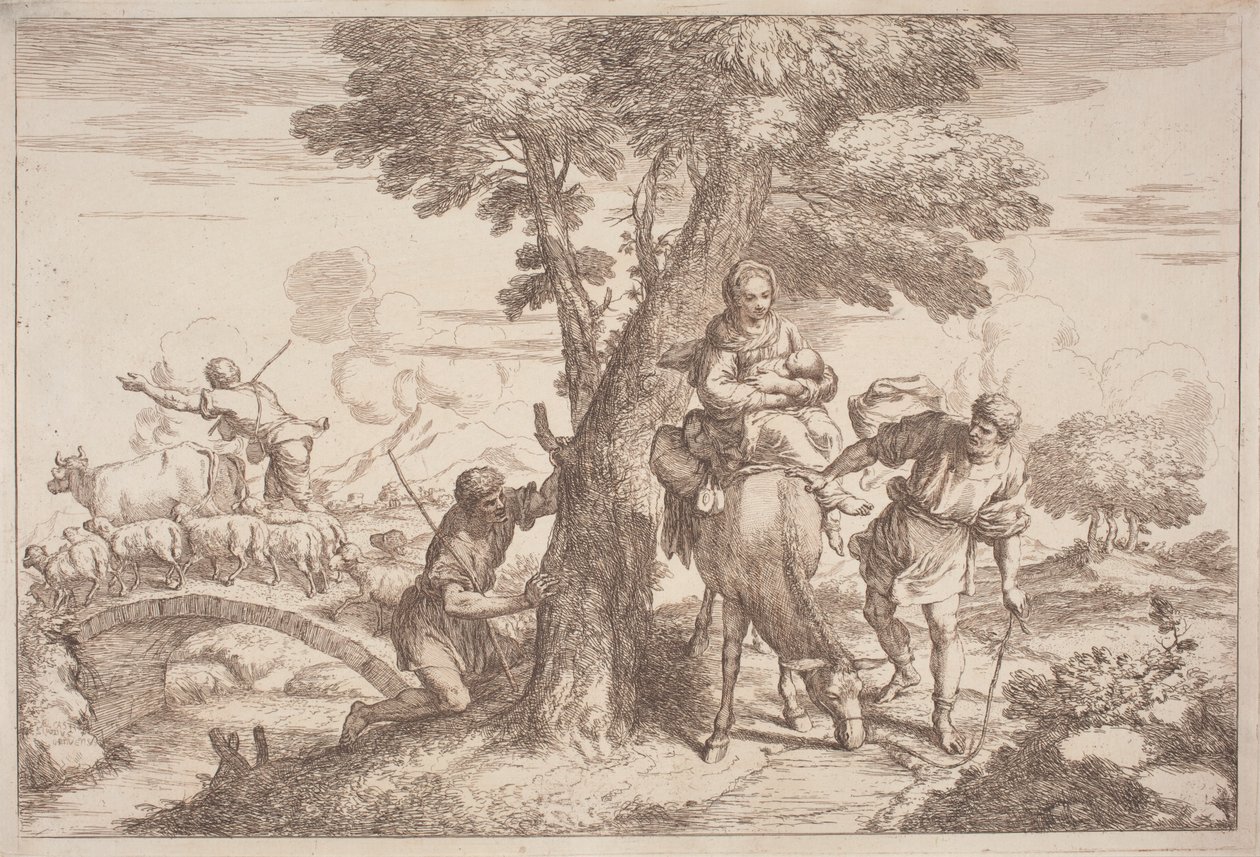 Flygningen till Egypten med en herde som tittar bakom ett träd av after Giovanni Benedetto Castiglione Gaetano Zompini