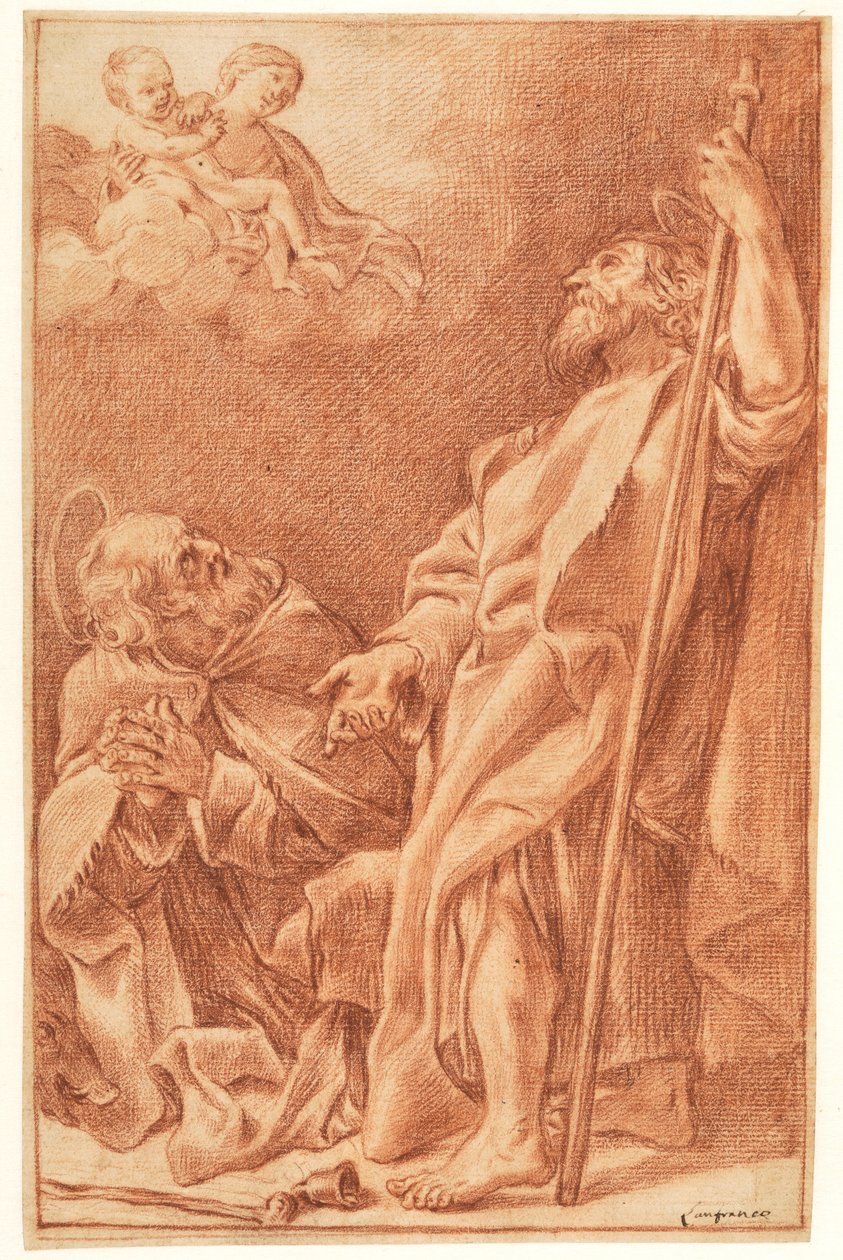 Madonnan och barnet med Sts Antony Abbot och James the Greater av after Giovanni Lanfranco