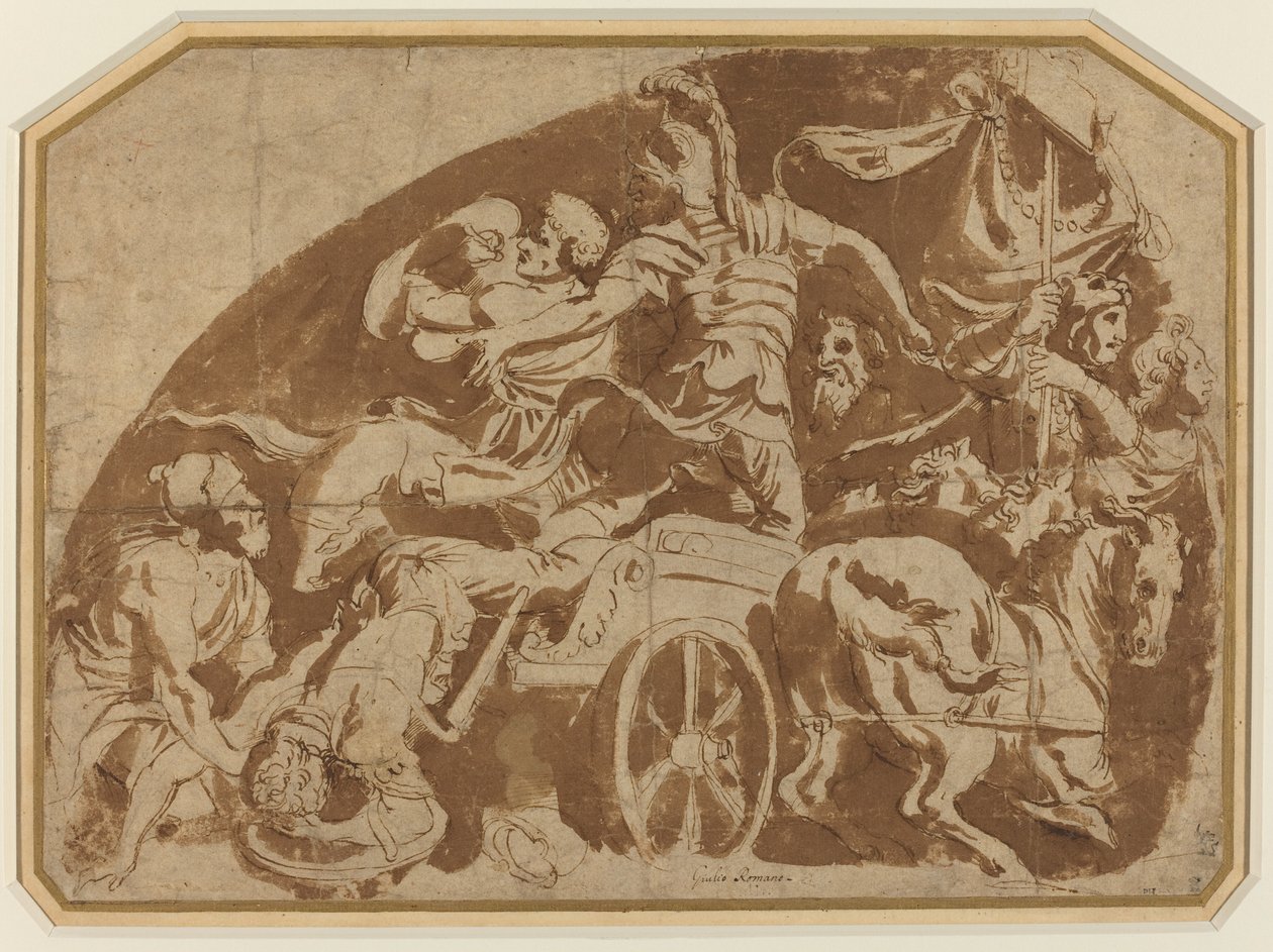 Flight of Meriones, med döda Coeranos som dras från vagnen av after Giulio Romano