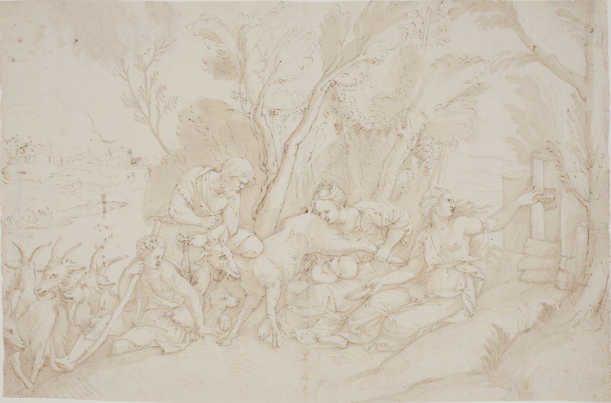 Jupiter diades av geten Amalthea av after Giulio Romano