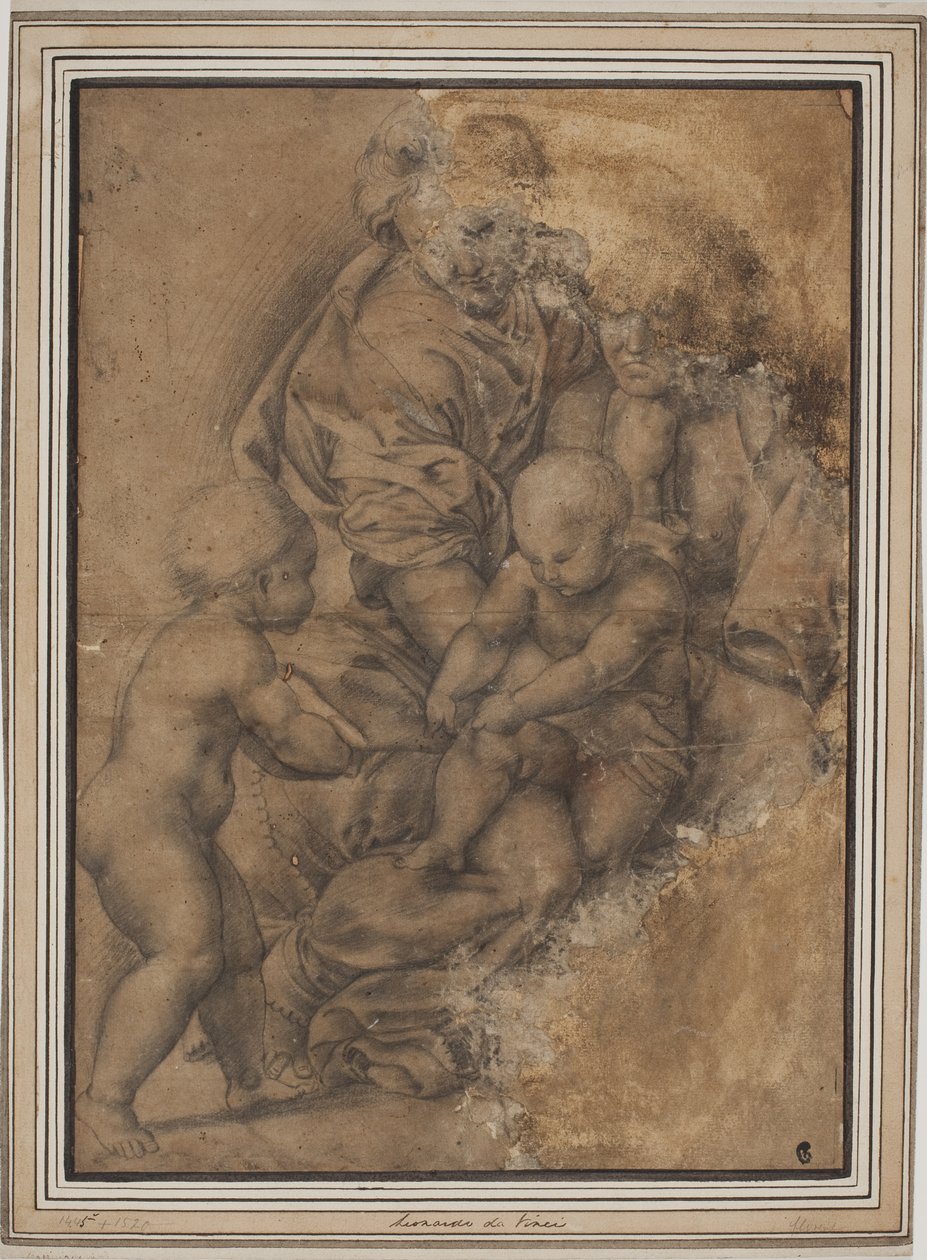 Den heliga familjen med spädbarnet Johannes döparen. Efter Giulio Romanos Madonna della Gatta av after Giulio Romano