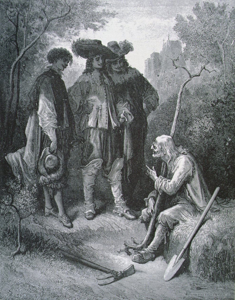 Illustration för The Old Man and the Three Young Men, från Fables av Jean de La Fontaine (1621-95) av Gustave after Dore