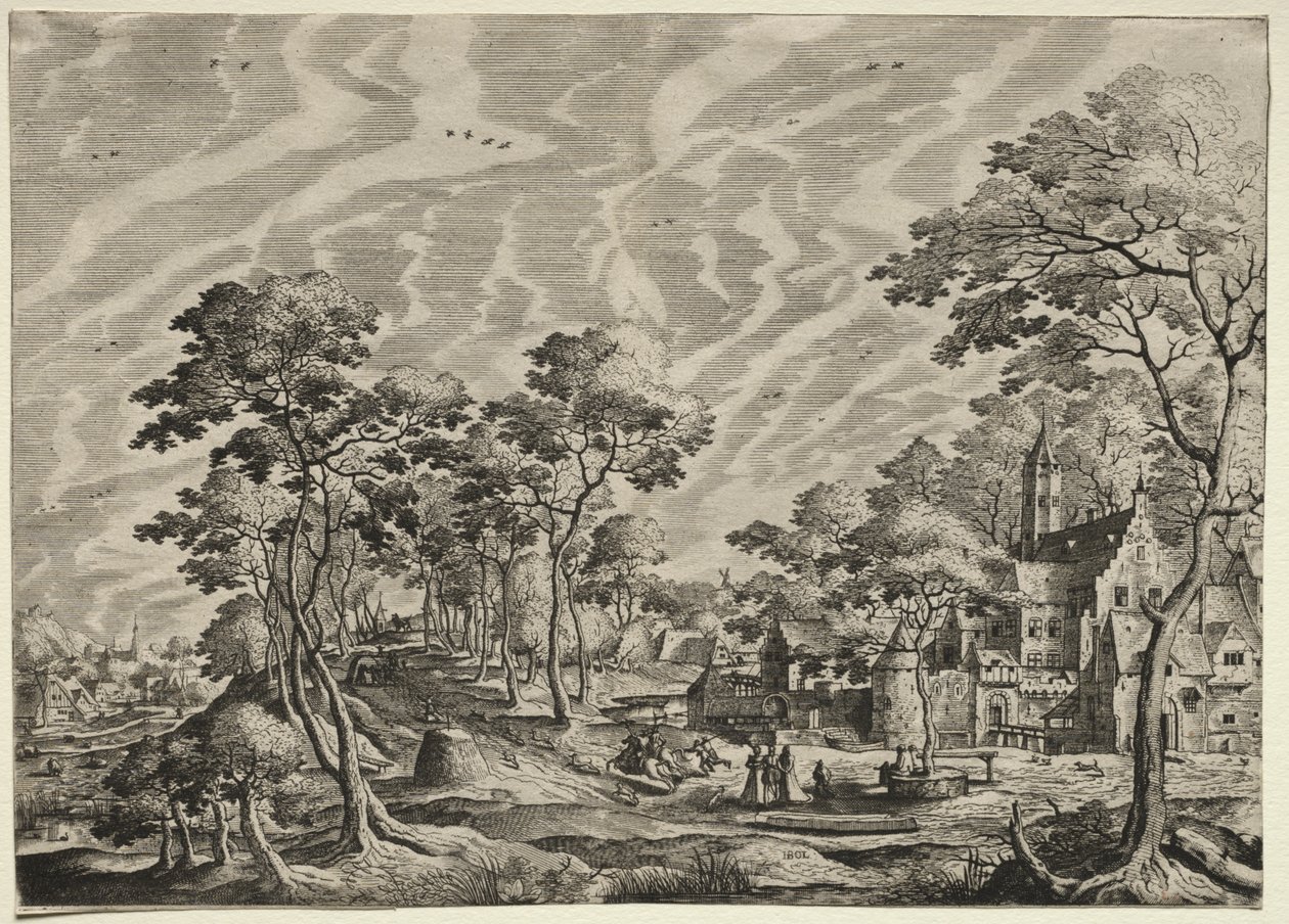 Landskap med ett slott till höger av after Hans Bol