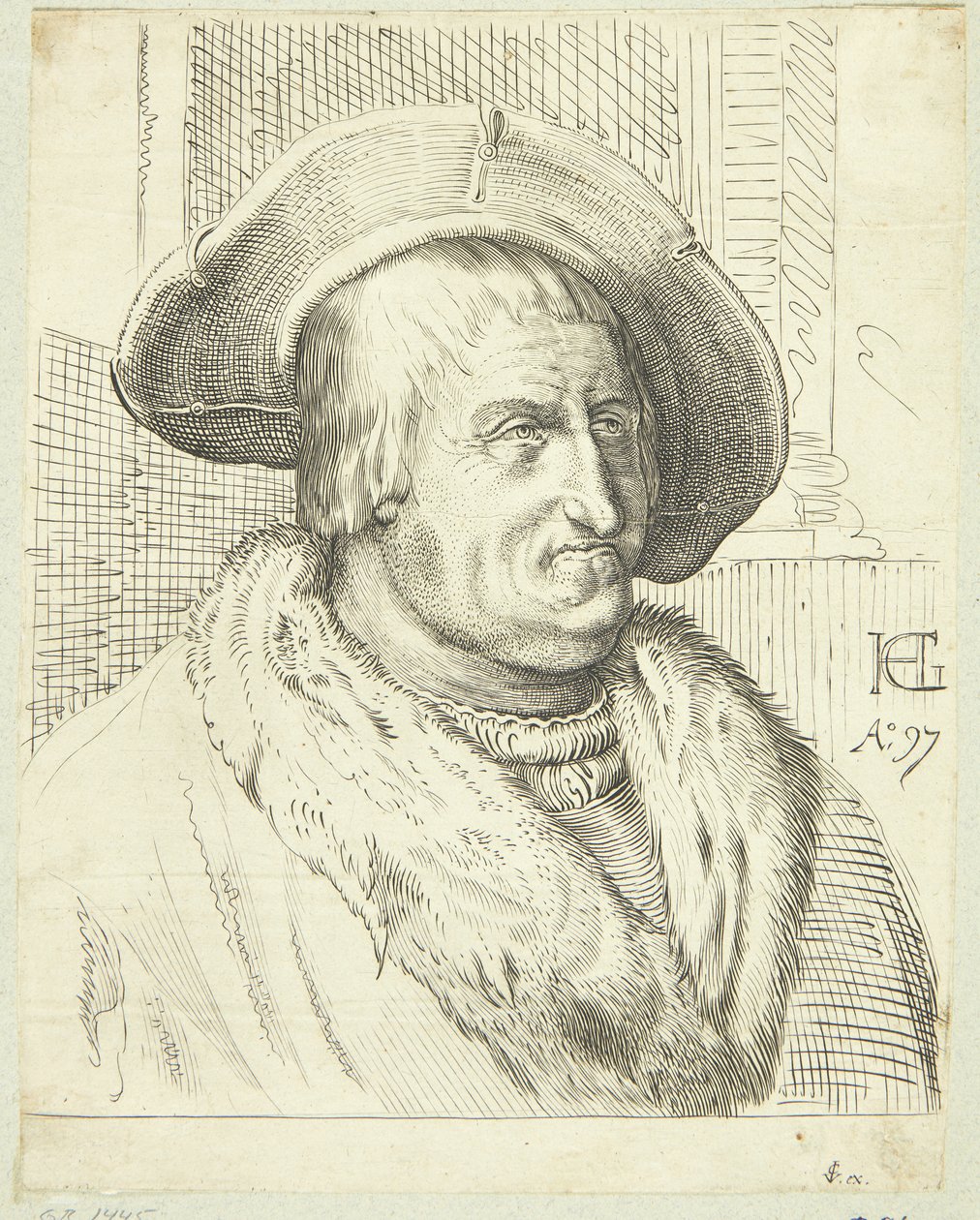 Fantasy porträtt av gammal man med hatt av after Hendrick Goltzius