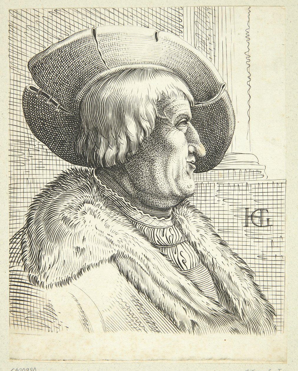 Fantasy porträtt av gammal man med hatt i profil av after Hendrick Goltzius