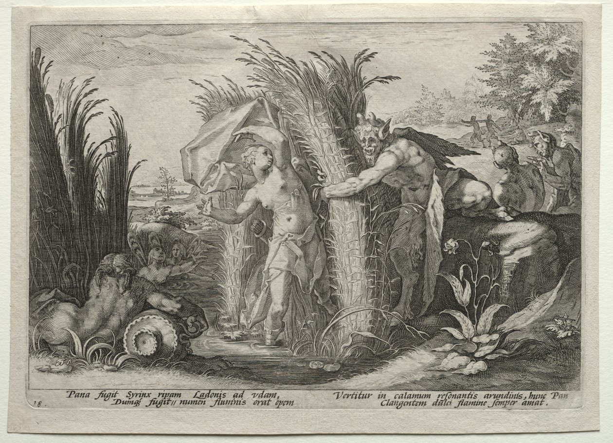 Pan förföljer Syrinx av after Hendrick Goltzius