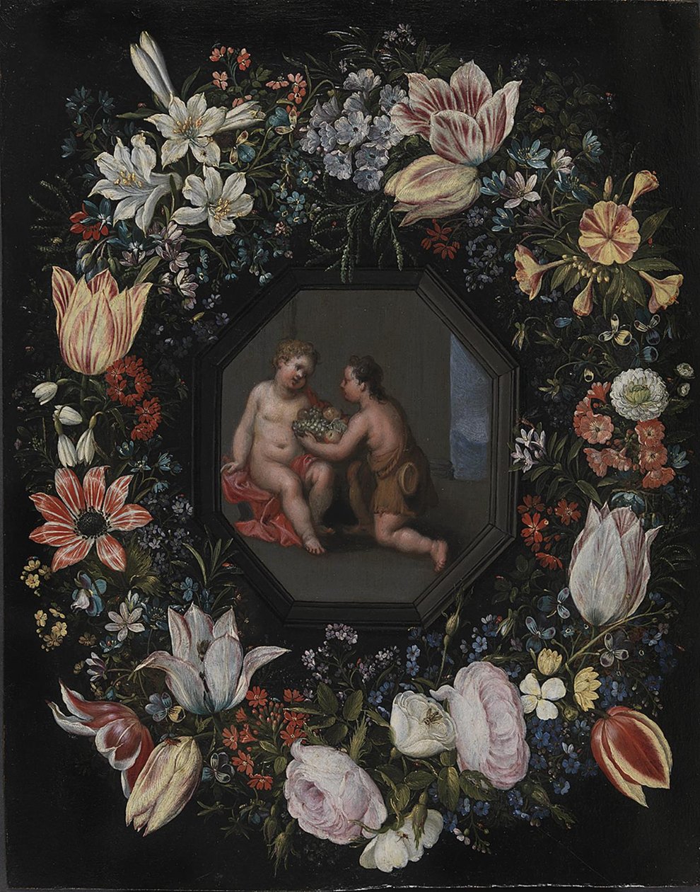 Blomkrans med Jesus och spädbarnet Johannes av after Hendrik van Balen d.Æ.