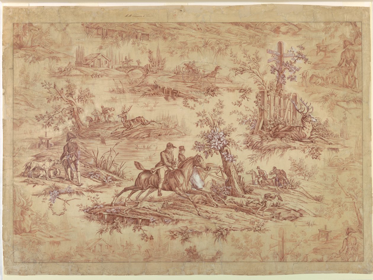 Tecknad för bomullstryckt textil, La Route de Jouy av after Horace Vernet