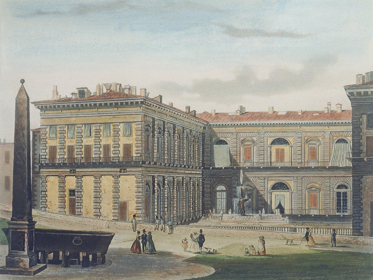 Innergård i Palazzo Pitti, Florens, graverad av Johann Falkeisen (1804-83) och färglagd av L. Cherbuin, ca 1842 (akvatint) av after Italian School