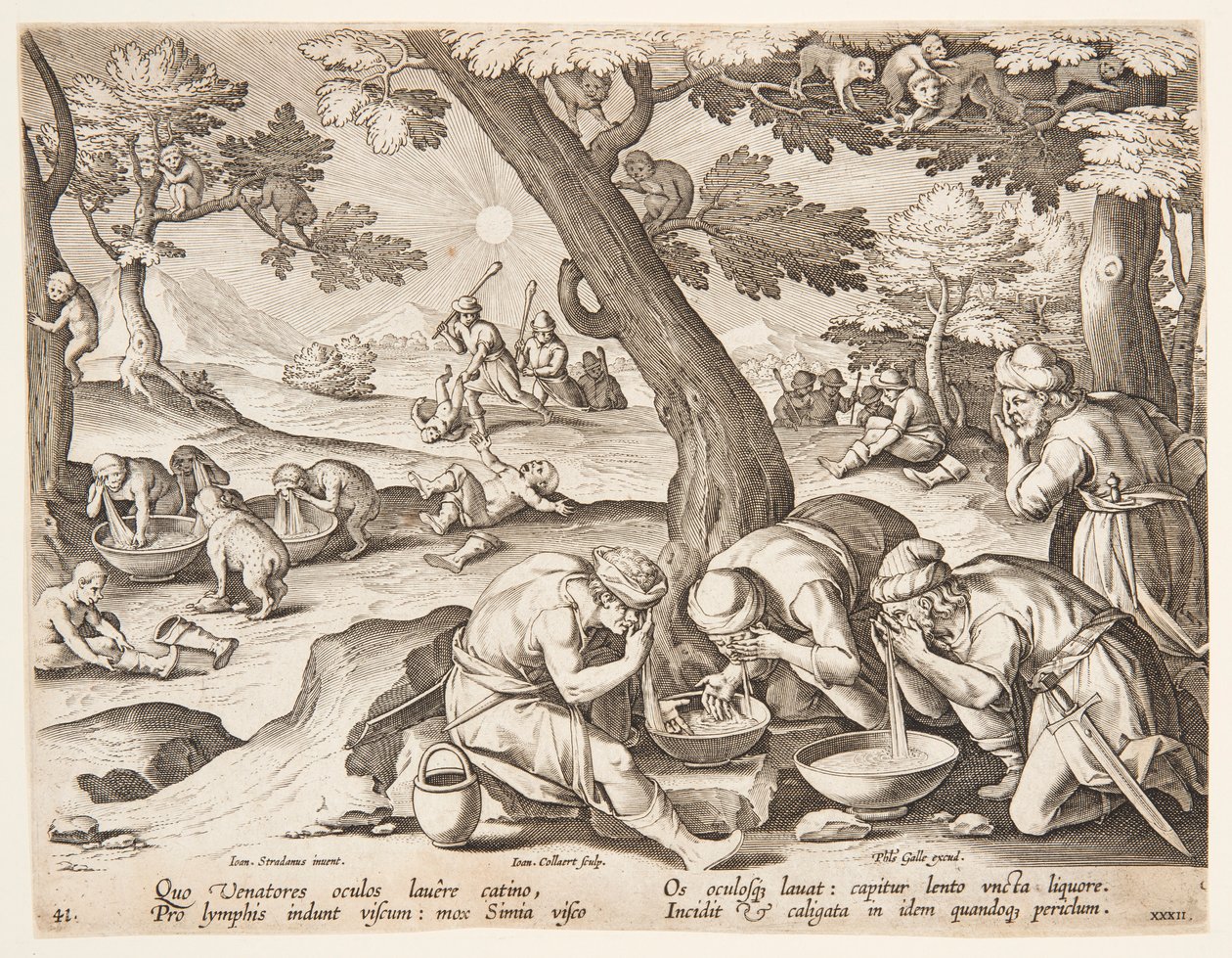 Apor som imiterar jägare av after Jan van der Straet, called Stradanus