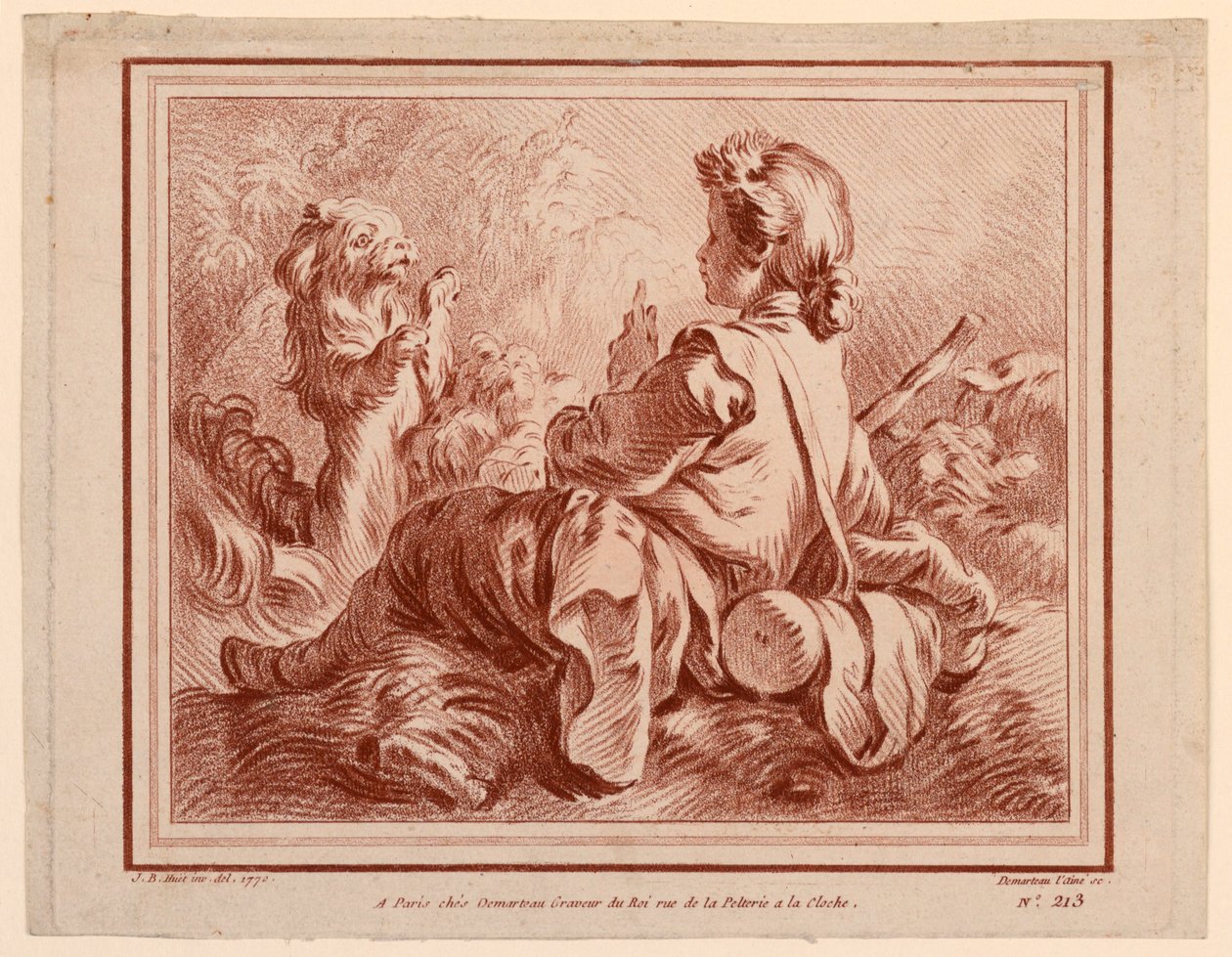 Sittande herde som leker med en hund av after Jean Baptiste Huet