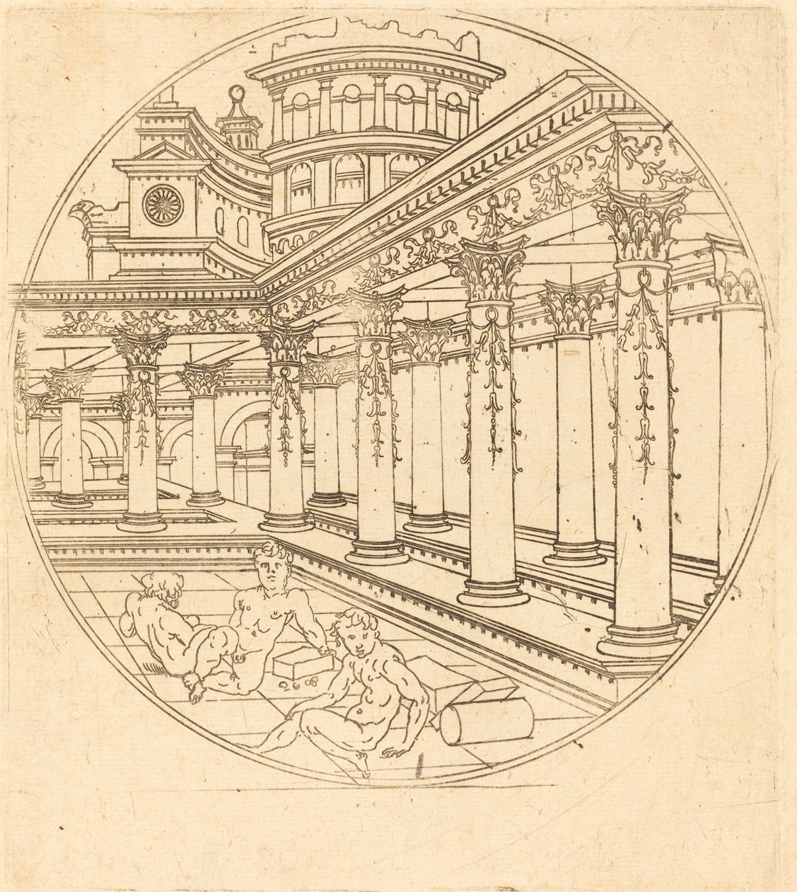 Tre figurer i ett galleri av after Jean de Gourmont I