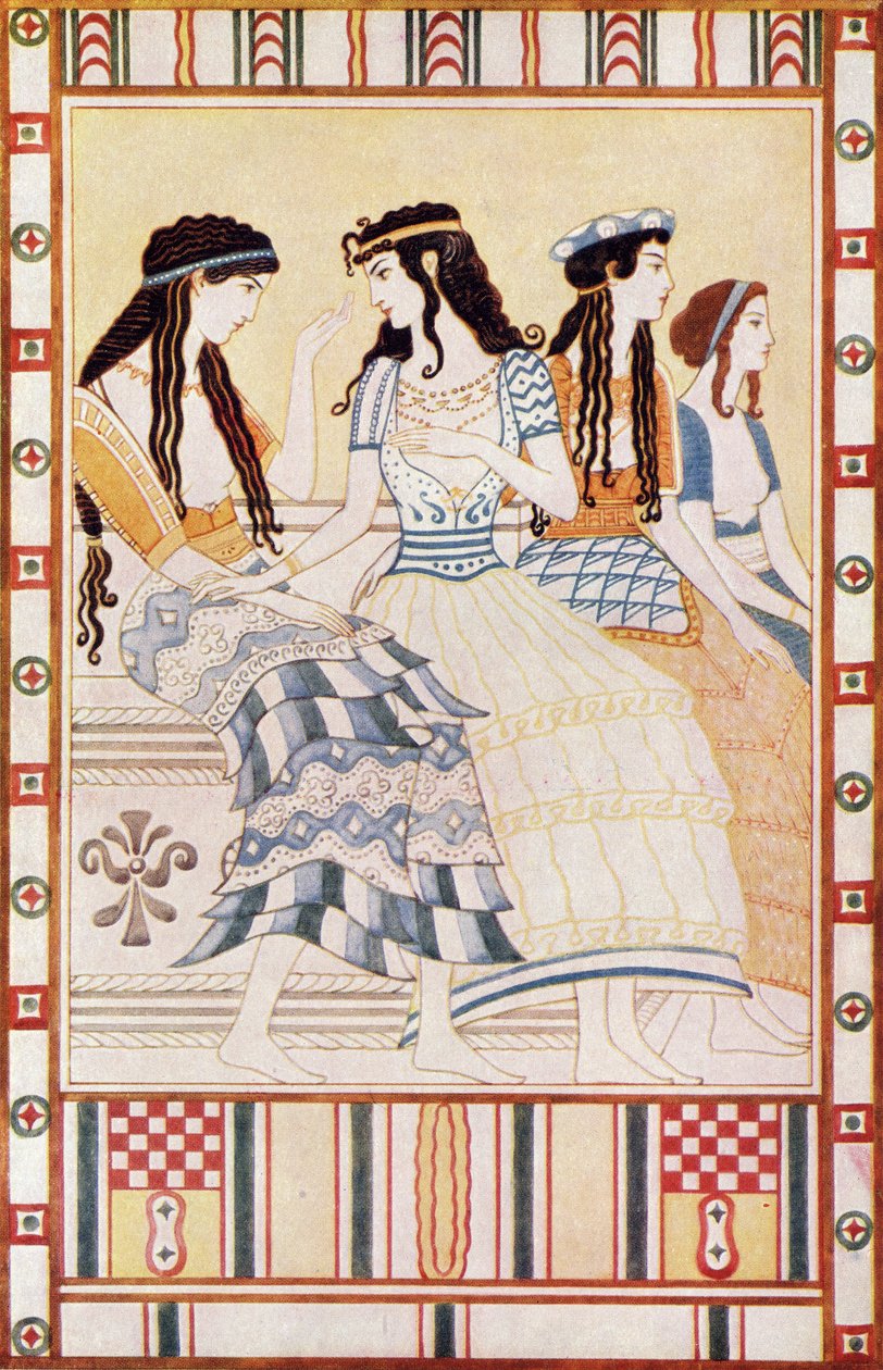 Ladies of the Minoan Court, illustration från "Myths of Crete and Pre-Helenic Europe" av Donald A. Mackenzie, publicerad 1917 av after John Duncan