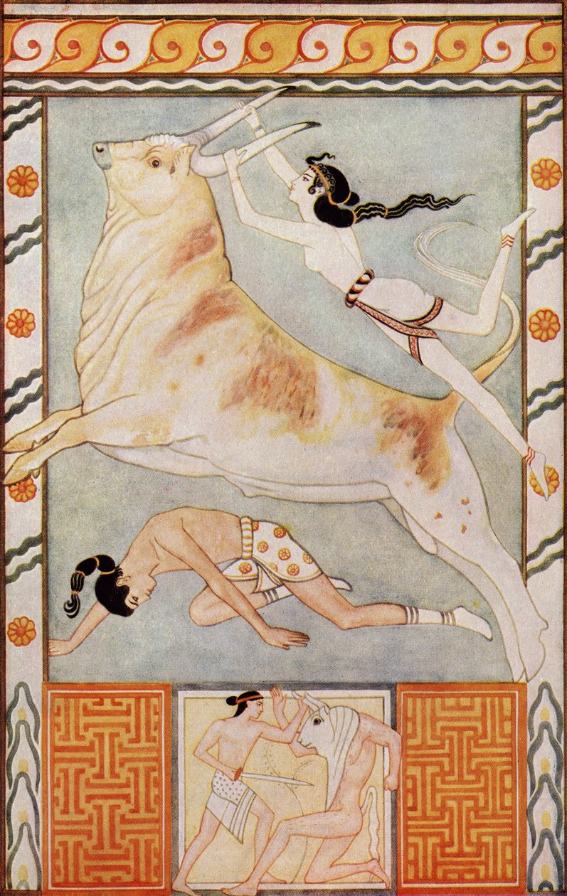 The Bull Baiters, illustration från "Myths of Crete and Pre-Helenic Europe" av Donald A. Mackenzie, publicerad 1917 av after John Duncan
