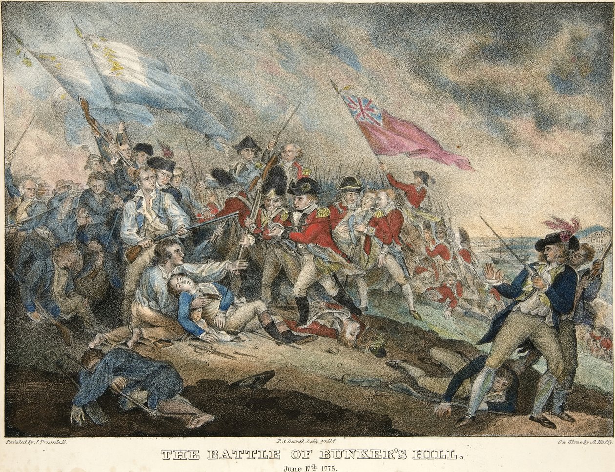 Slaget vid Bunkers Hill, 17 juni 1775, graverad av Alfred Hoffy (ca 1790-1860), pub. 1786 (handfärgad gravyr) av after John Trumbull