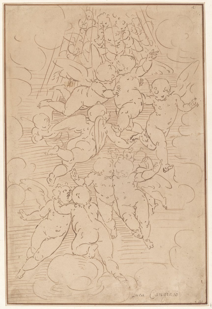 En grupp änglar i ära av after Luca Cambiaso Italian 17th Century