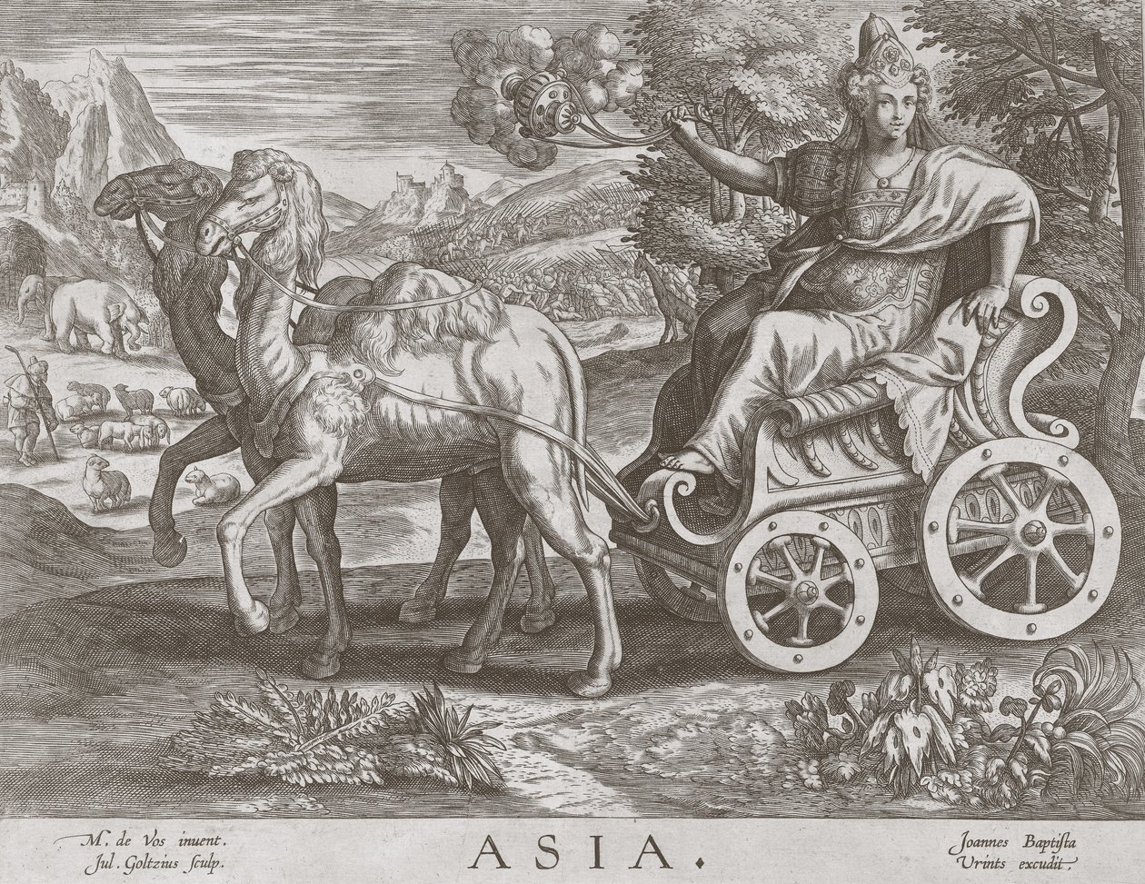 Asien från The Four Continents, pub. C 1588-89 av after Maarten de Vos