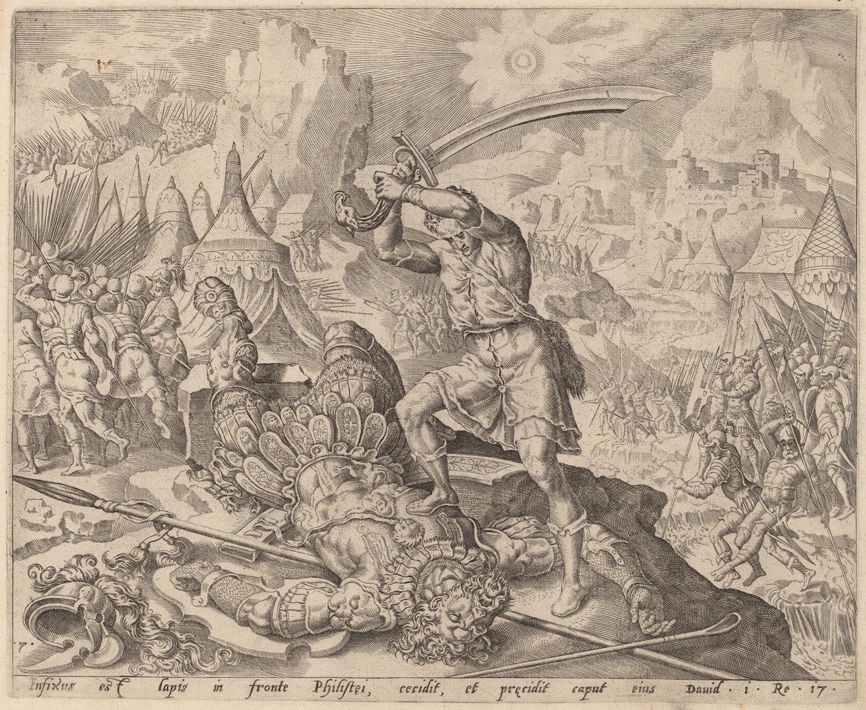 David skär av Goliats huvud av after Maerten van Heemskerck