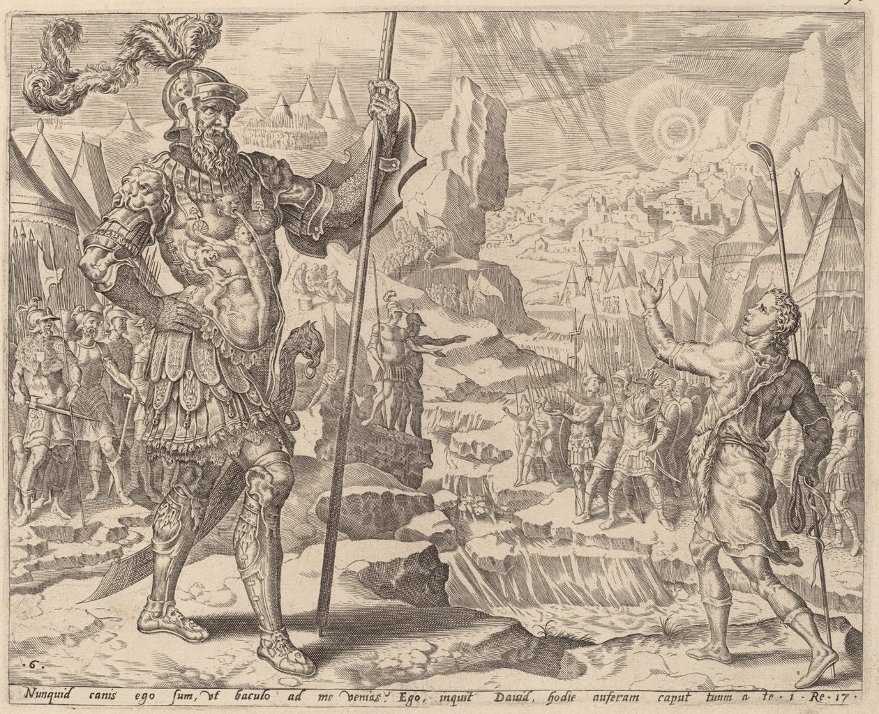 David möter Goliat av after Maerten van Heemskerck