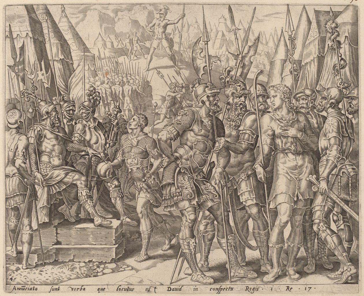 Davids bror relaterar till honom Goliats utmaning av after Maerten van Heemskerck