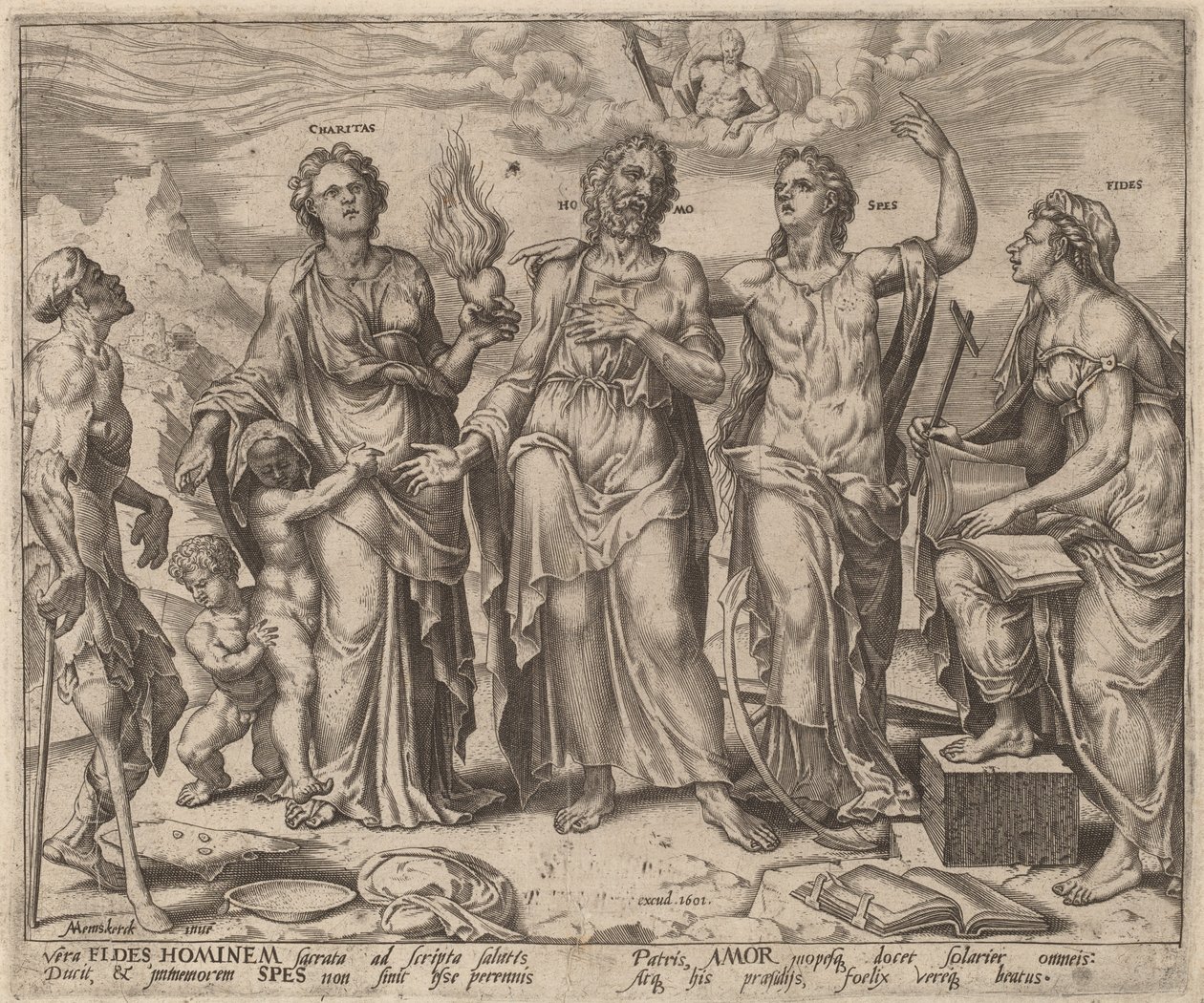 Man assisterad av tro, hopp och kärlek av after Maerten van Heemskerck