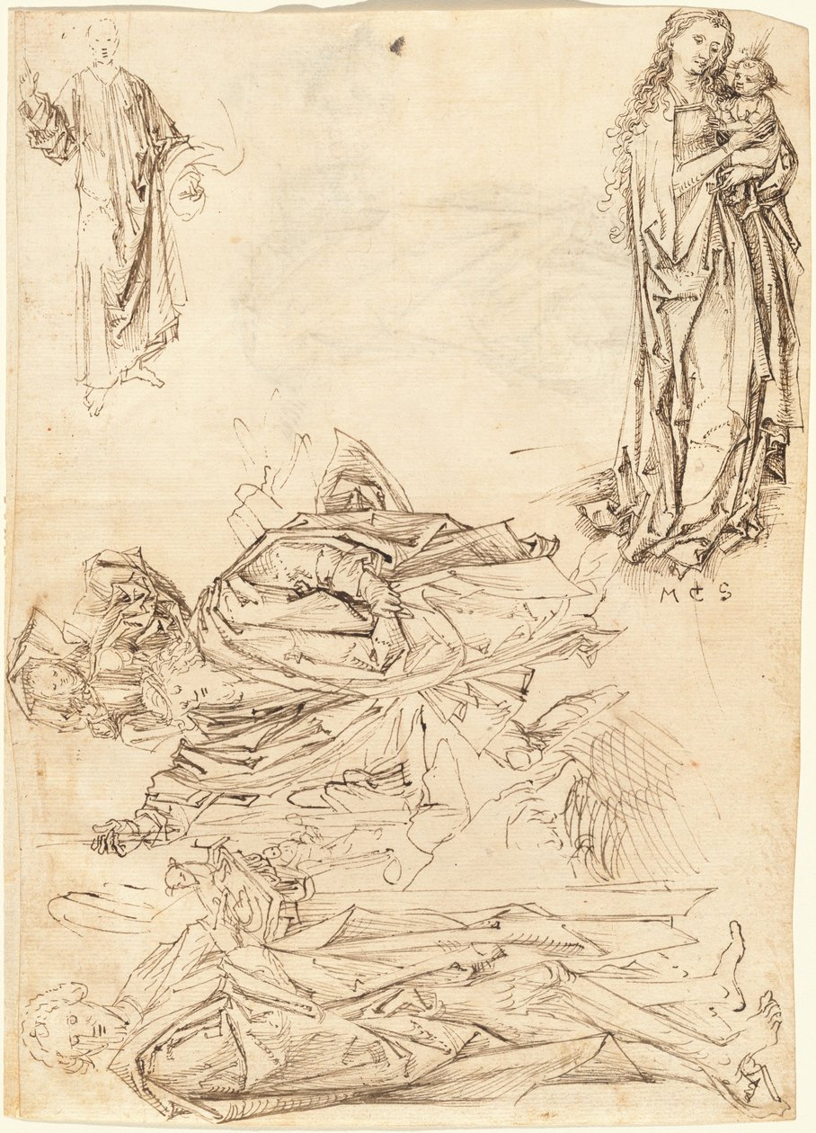 Sankt Christopher, Sankt Johannes Döparen, Jungfrun och barnet och Kristus välsignelse (recto) av after Martin Schongauer Master of the Drapery Studies