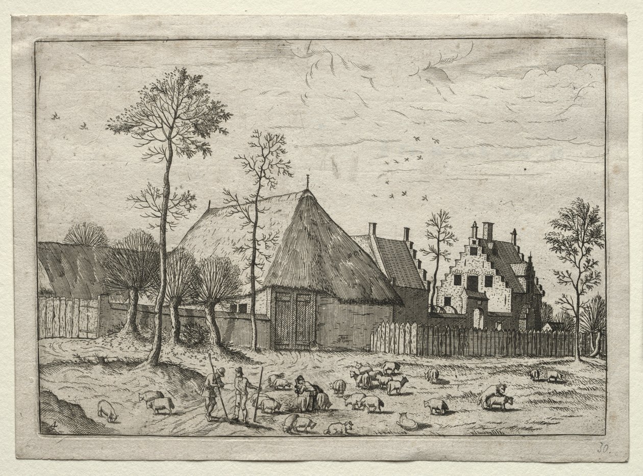 Utsikt över byar i Brabant och Campine: Herdar med flock av after Master of the Small Landscapes